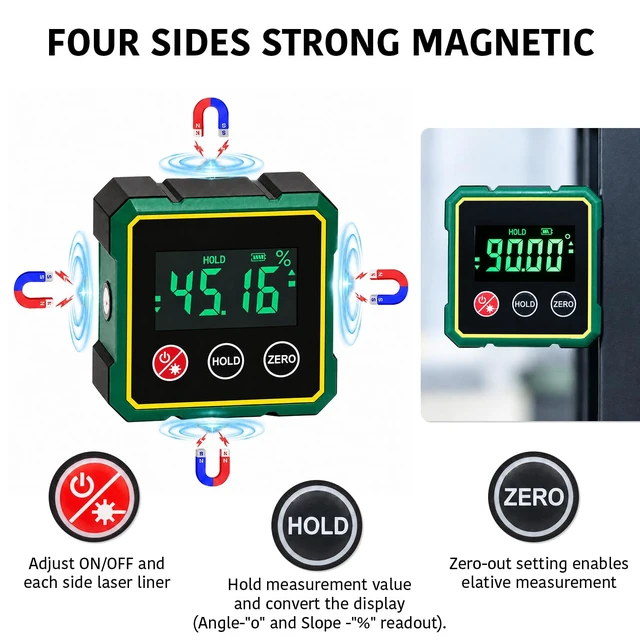 Alt view image 3 of 7 - 4*90° Digital Level Laser Inclinometer with 4-Side Magnetic | Backlit LCD Display Absolute & Relative Measurement, Magnetic Angle Tool for Table Saw, Carpentry and Home DIY Projects