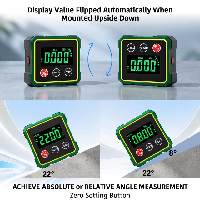 Alt view image 4 of 7 - 4*90° Digital Level Laser Inclinometer with 4-Side Magnetic | Backlit LCD Display Absolute & Relative Measurement, Magnetic Angle Tool for Table Saw, Carpentry and Home DIY Projects