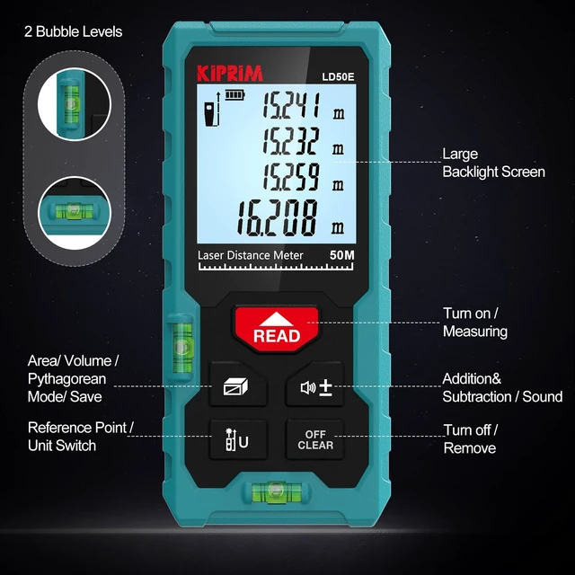Alt view image 7 of 7 - LD50E Laser Distance Measure,165ft/50M,Backlit LCD,Ft/M/in Switch | Highaccuracy compact laser measuring tool equipped with large backlit LCD.Supports ft/m/in unit switching and bubble level.