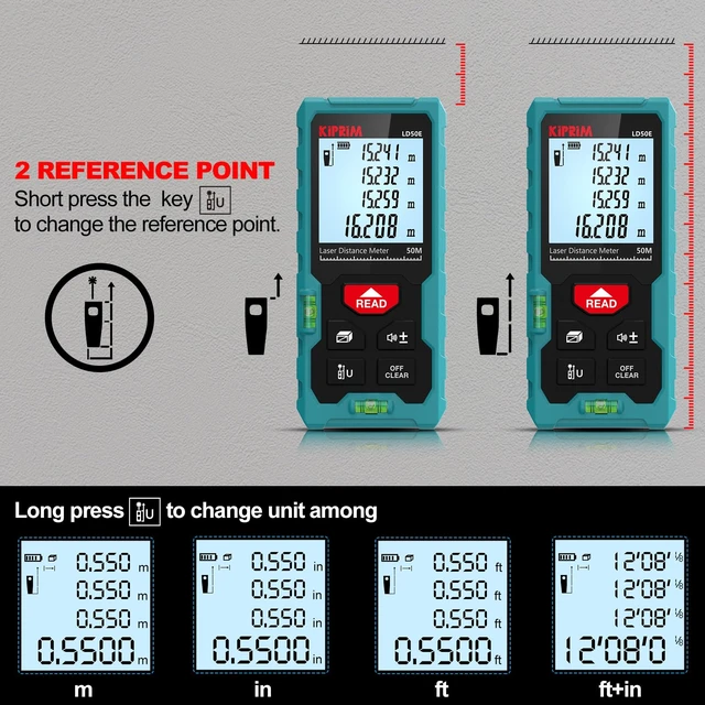 Alt view image 3 of 7 - LD50E Laser Distance Measure,165ft/50M,Backlit LCD,Ft/M/in Switch | Highaccuracy compact laser measuring tool equipped with large backlit LCD.Supports ft/m/in unit switching and bubble level.