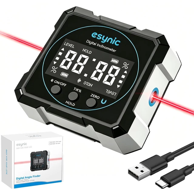Main image of IP54 Waterproof Digital Angle Finder with Laser-Portable Level Box-Type-C Rechargeable 4-Side Magnetic Angle Gauge-Backlit LCD-for Woodworking/Construction/Carpenters (Laser Level: Class II)