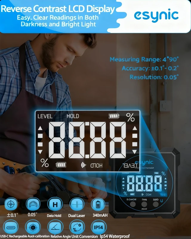 Alt view image 3 of 7 - IP54 Waterproof Digital Angle Finder with Laser-Portable Level Box-Type-C Rechargeable 4-Side Magnetic Angle Gauge-Backlit LCD-for Woodworking/Construction/Carpenters (Laser Level: Class II)