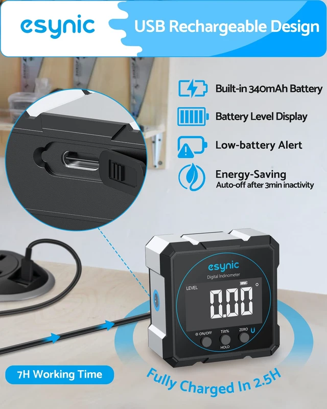 Alt view image 4 of 7 - IP54 Waterproof Digital Angle Finder with Laser-Portable Level Box-Type-C Rechargeable 4-Side Magnetic Angle Gauge-Backlit LCD-for Woodworking/Construction/Carpenters (Laser Level: Class II)
