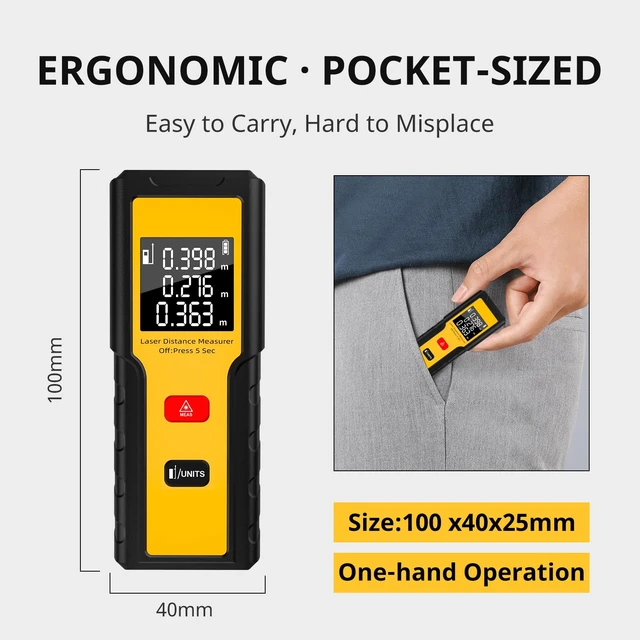 Alt view image 2 of 7 - 165ft Laser Distance Meters, Packet-Size Laser Measuring Tool | Distance/Area Calculations,±2mm Accuracy,M/Ft Unit,Backlit Display,Ergonomic Design,For Home Renovation & Construction