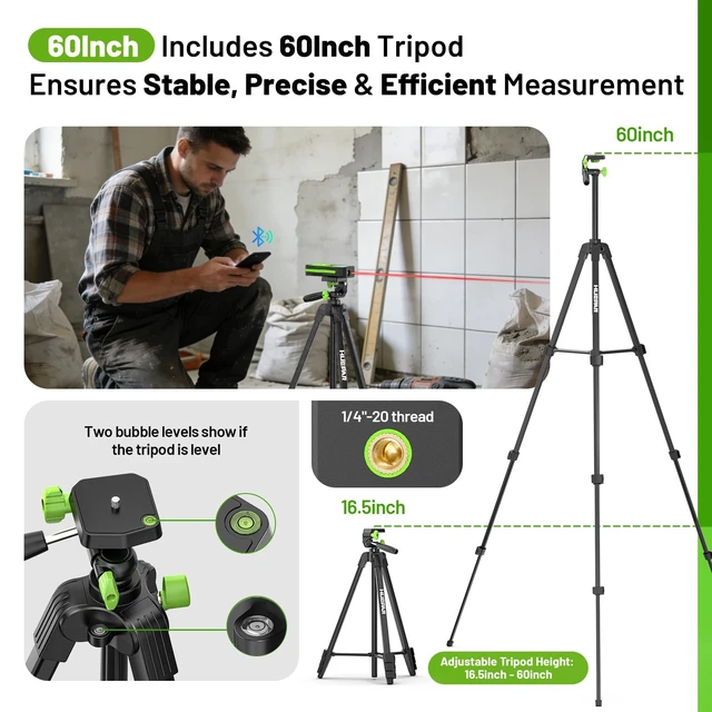 Alt view image 3 of 7 - Laser Distance Measure 395 Feet with 60 Inch Tripod, Laser Distance Meter with Bluetooth & APP, Angle Sensor, 1/16in Accuracy Rechargeable Laser Measuring Tool, M/in/Ft Unit, Pythagorean Mode