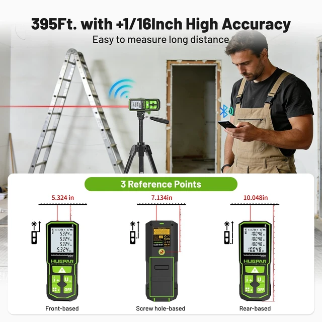 Alt view image 6 of 7 - Laser Distance Measure 395 Feet with 60 Inch Tripod, Laser Distance Meter with Bluetooth & APP, Angle Sensor, 1/16in Accuracy Rechargeable Laser Measuring Tool, M/in/Ft Unit, Pythagorean Mode