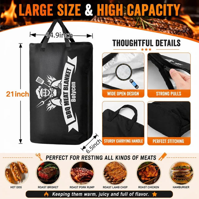 Alt view image 2 of 7 - Upgraded 21 in BBQ Blanket for Resting Meat, Insulated Brisket Bag | Smoker Accessories, 5-Layer, Wide Mouth, Reinforced Base, Leak-Resistant, Foldable, for Brisket and Turkey, Gift for Men