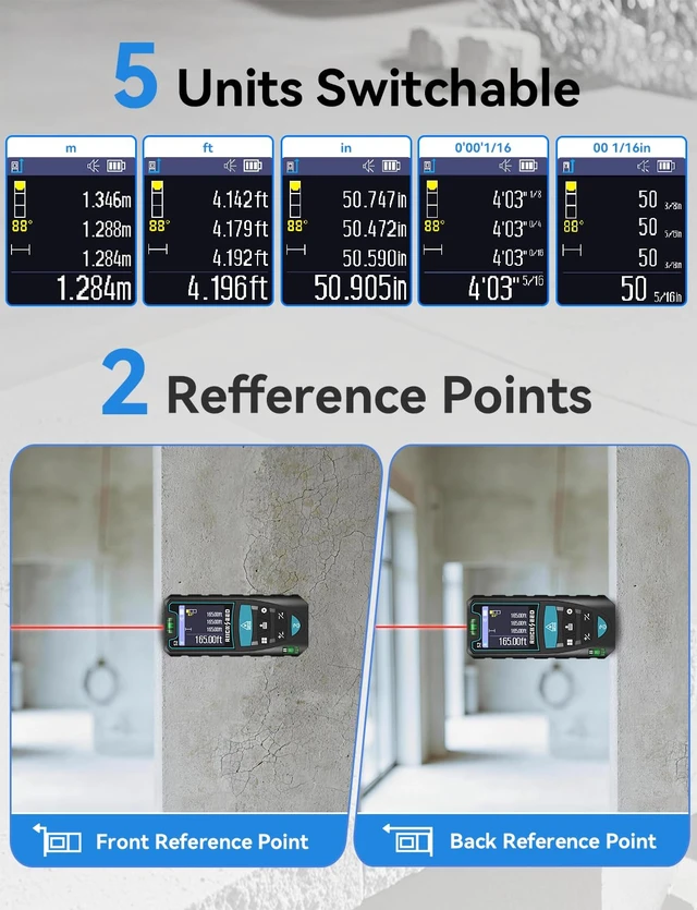 Alt view image 3 of 7 - Laser Measuring Tool 165ft, S2C Red Beam Laser Measure with Rotatable HD IPS Color Screen, 12 Measurement Modes, 3 Leveling Modes, 5 Units Switchable, for Stake Marking/Distance/Area/Volume