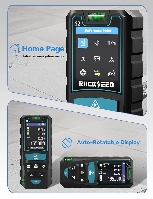 Alt view image 4 of 7 - Laser Measuring Tool 165ft, S2C Red Beam Laser Measure with Rotatable HD IPS Color Screen, 12 Measurement Modes, 3 Leveling Modes, 5 Units Switchable, for Stake Marking/Distance/Area/Volume