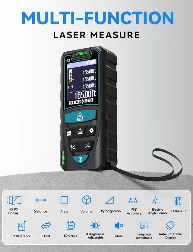 Alt view image 5 of 7 - Laser Measuring Tool 165ft, S2C Red Beam Laser Measure with Rotatable HD IPS Color Screen, 12 Measurement Modes, 3 Leveling Modes, 5 Units Switchable, for Stake Marking/Distance/Area/Volume