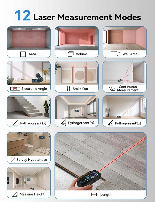 Alt view image 7 of 7 - Laser Measuring Tool 165ft, S2C Red Beam Laser Measure with Rotatable HD IPS Color Screen, 12 Measurement Modes, 3 Leveling Modes, 5 Units Switchable, for Stake Marking/Distance/Area/Volume