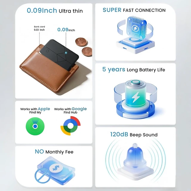 Alt view image 5 of 7 - Ultra-Thin Rechargeable Wallet Tracker Card Compatible with Apple Find My & Android, Bluetooth Key Finder for Men Women, Slim GPS Locator for Luggage Passport Keys, Anti-Loss Travel Must-Have