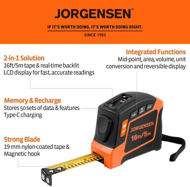 Alt view image 2 of 7 - Digital Tape Measure,16Ft Rechargeable Digital Measuring Tape | 50 Records;2 Measurement References;6 Measurement Units;Length, Area & Volume;Backlit LCD Display