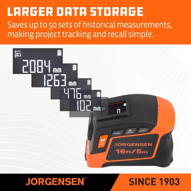 Alt view image 6 of 7 - Digital Tape Measure,16Ft Rechargeable Digital Measuring Tape | 50 Records;2 Measurement References;6 Measurement Units;Length, Area & Volume;Backlit LCD Display