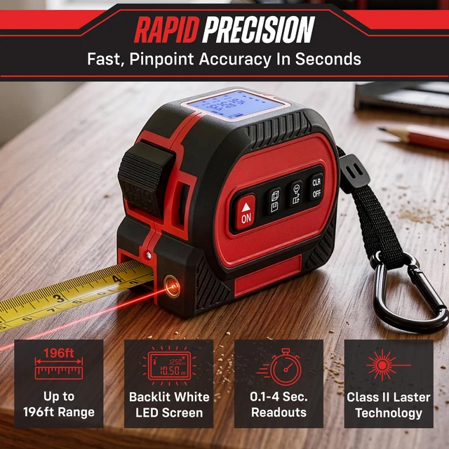 Alt view image 2 of 7 - 4-in-1 Digital Laser Tape Measure with Level with LED Screen | 16ft/5M Mechanical Measuring Tape and 196ft Laser Measuring Tool with Smart Calculation in Metric and Imperial Units