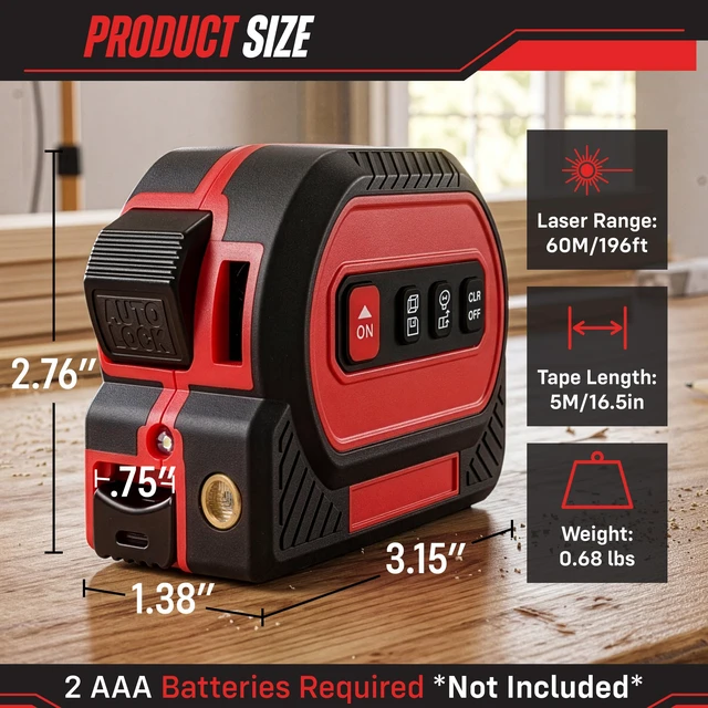 Alt view image 7 of 7 - 4-in-1 Digital Laser Tape Measure with Level with LED Screen | 16ft/5M Mechanical Measuring Tape and 196ft Laser Measuring Tool with Smart Calculation in Metric and Imperial Units