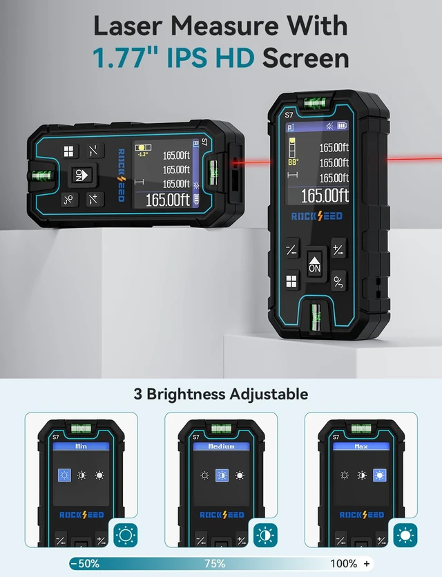 Alt view image 2 of 7 - S7C Laser Measuring Tool 165FT, Red Beam Laser Measure with Rotatable HD IPS Color Screen, 12 Measurement Modes, 3 Leveling Modes, 5 Units Switchable, for Stake Marking/Distance/Area/Volume