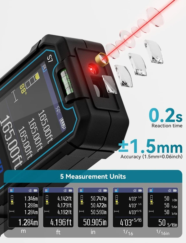 Alt view image 3 of 7 - S7C Laser Measuring Tool 165FT, Red Beam Laser Measure with Rotatable HD IPS Color Screen, 12 Measurement Modes, 3 Leveling Modes, 5 Units Switchable, for Stake Marking/Distance/Area/Volume