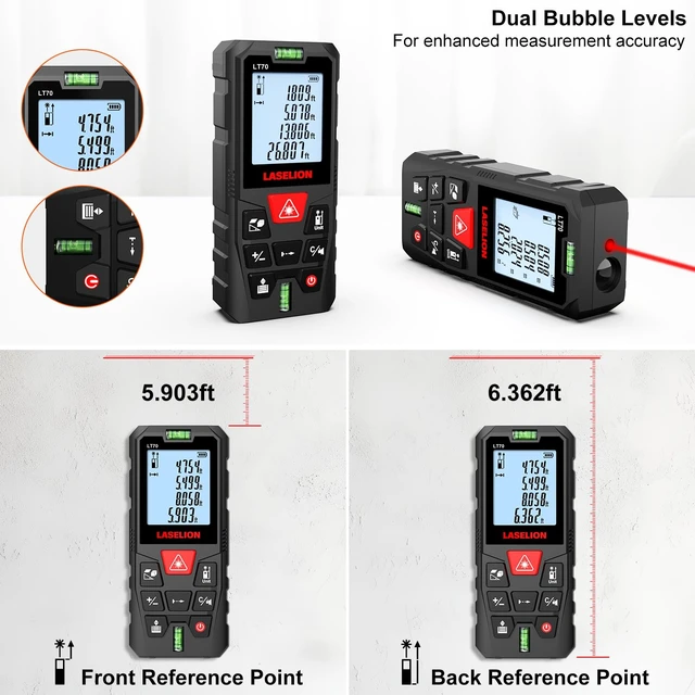 Alt view image 3 of 7 - LT70 Laser Measure, 229ft/70m Laser Measurement Tool, with 2 Bubble Levels, Measuring Tool 4 Units ConversionLCD Backlit Display, IP54 Waterproof, Pythagorean Mode for Distance, Area, Volume
