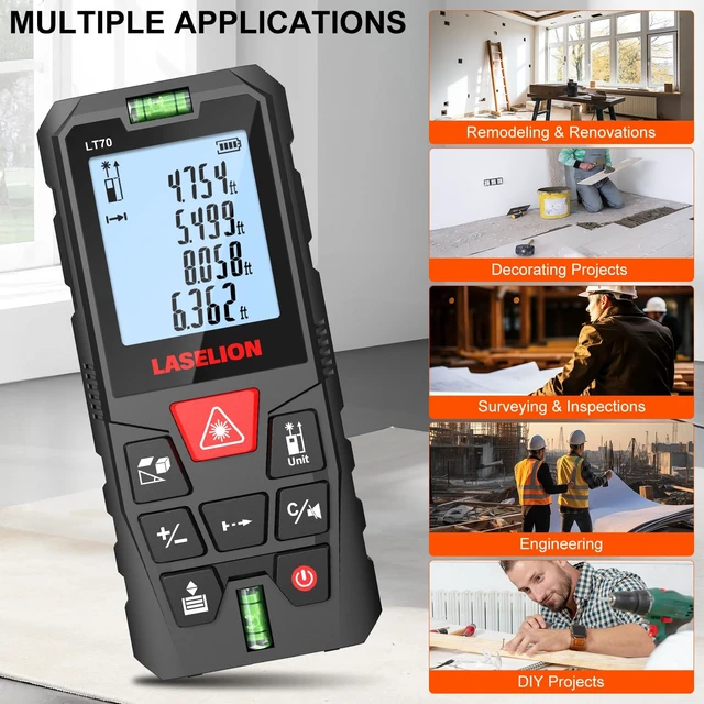 Alt view image 6 of 7 - LT70 Laser Measure, 229ft/70m Laser Measurement Tool, with 2 Bubble Levels, Measuring Tool 4 Units ConversionLCD Backlit Display, IP54 Waterproof, Pythagorean Mode for Distance, Area, Volume