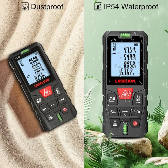 Alt view image 7 of 7 - LT70 Laser Measure, 229ft/70m Laser Measurement Tool, with 2 Bubble Levels, Measuring Tool 4 Units ConversionLCD Backlit Display, IP54 Waterproof, Pythagorean Mode for Distance, Area, Volume