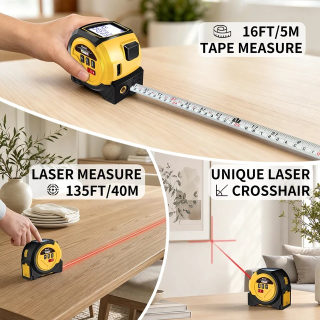 Alt view image 2 of 7 - Laser Measuring Tape 3-in-1 Tape Measure with Laser Distance Meter | 131Ft/16Ft Measuring Tape, Electric Laser Measuring Tool with LCD Display, Pythagorean Area Volume, Ft/In/M for Construction
