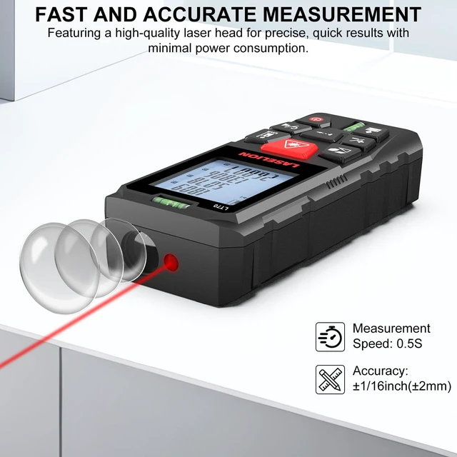 Alt view image 4 of 7 - LT70 Laser Measure, 229ft/70m Laser Measurement Tool, with 2 Bubble Levels, Measuring Tool 4 Units ConversionLCD Backlit Display, IP54 Waterproof, Pythagorean Mode for Distance, Area, Volume