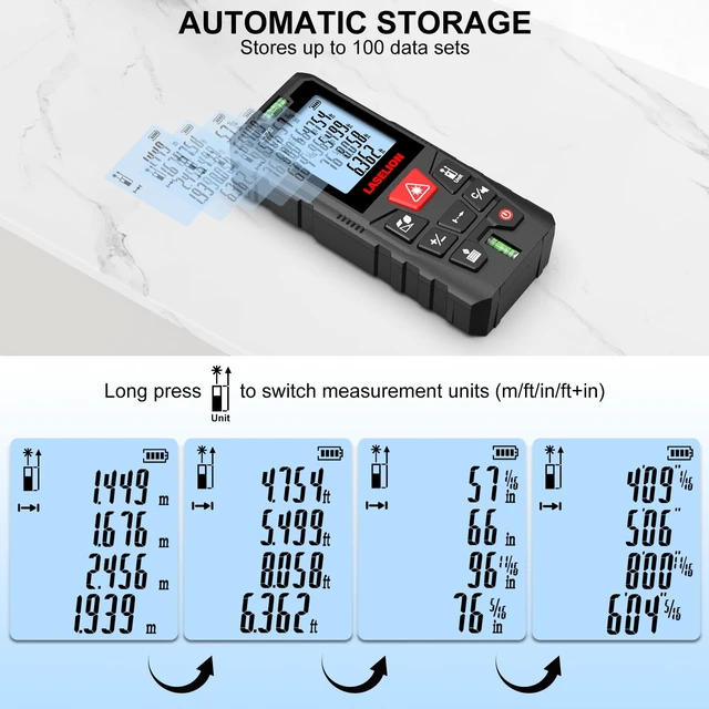Alt view image 5 of 7 - LT70 Laser Measure, 229ft/70m Laser Measurement Tool, with 2 Bubble Levels, Measuring Tool 4 Units ConversionLCD Backlit Display, IP54 Waterproof, Pythagorean Mode for Distance, Area, Volume