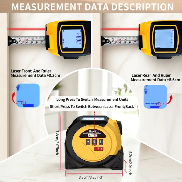 Alt view image 3 of 7 - Laser Measuring Tape 3-in-1 Tape Measure with Laser Distance Meter | 131Ft/16Ft Measuring Tape, Electric Laser Measuring Tool with LCD Display, Pythagorean Area Volume, Ft/In/M for Construction