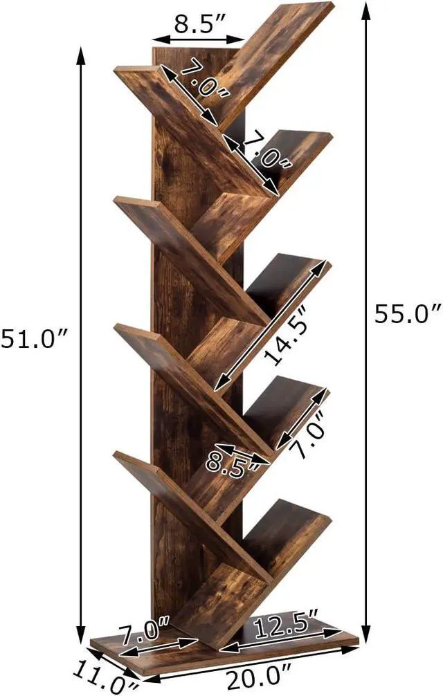 Alt view image 3 of 7 - 55-Inch Tree Bookshelf, 9-Shelf Free Standing Tree Bookcase, Bookshelves for Home Living Room Office Children Room, Display Stand for CDs/Albums/Books, w/Anti-toppling Device (Rustic Brown)