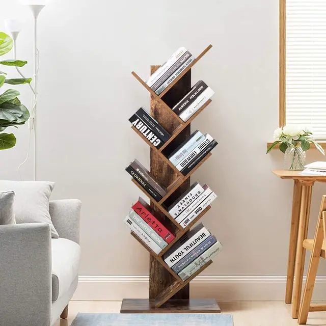 Alt view image 4 of 7 - 55-Inch Tree Bookshelf, 9-Shelf Free Standing Tree Bookcase, Bookshelves for Home Living Room Office Children Room, Display Stand for CDs/Albums/Books, w/Anti-toppling Device (Rustic Brown)