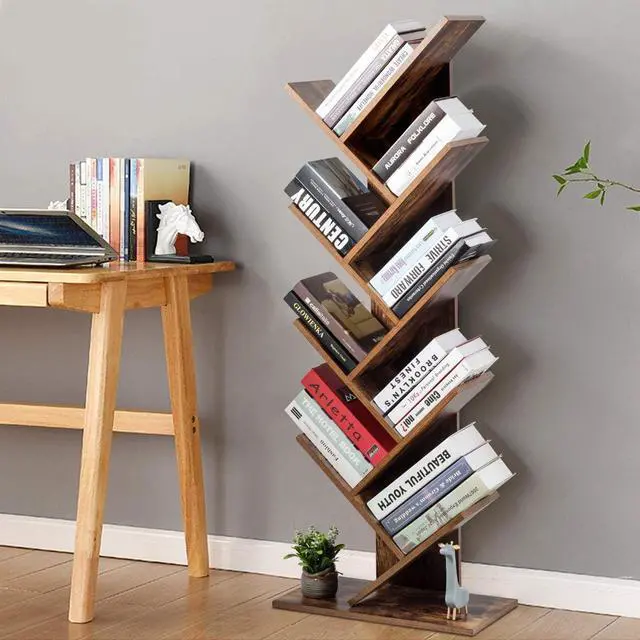 Alt view image 2 of 7 - 55-Inch Tree Bookshelf, 9-Shelf Free Standing Tree Bookcase, Bookshelves for Home Living Room Office Children Room, Display Stand for CDs/Albums/Books, w/Anti-toppling Device (Rustic Brown)