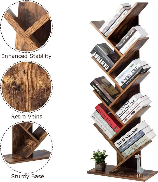 Alt view image 6 of 7 - 55-Inch Tree Bookshelf, 9-Shelf Free Standing Tree Bookcase, Bookshelves for Home Living Room Office Children Room, Display Stand for CDs/Albums/Books, w/Anti-toppling Device (Rustic Brown)