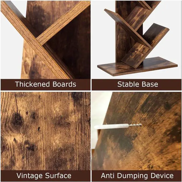 Alt view image 7 of 7 - 55-Inch Tree Bookshelf, 9-Shelf Free Standing Tree Bookcase, Bookshelves for Home Living Room Office Children Room, Display Stand for CDs/Albums/Books, w/Anti-toppling Device (Rustic Brown)