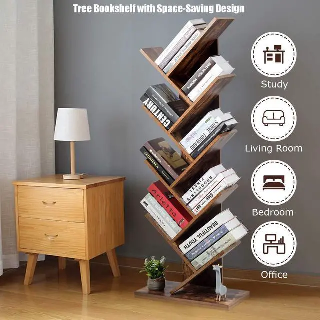 Alt view image 5 of 7 - 55-Inch Tree Bookshelf, 9-Shelf Free Standing Tree Bookcase, Bookshelves for Home Living Room Office Children Room, Display Stand for CDs/Albums/Books, w/Anti-toppling Device (Rustic Brown)