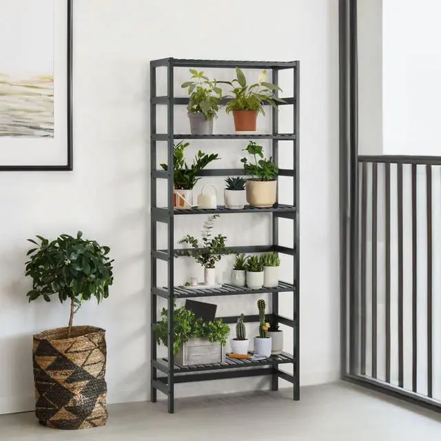 Main image of Bookshelf, 5-Tier Book Shelf, Tall Ladder Shelf with Bamboo Frame,Freestanding Storage Shelves Display Rack, for Living Room,Home Office Kitchen,Bedroom,Plant Stand Bathroom,Black