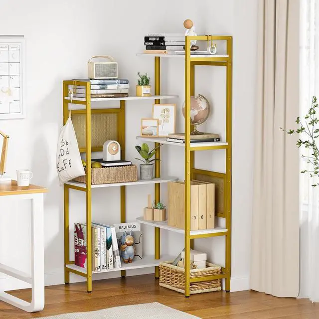 Main image of 6-Tier Ajustable Corner Bookshelf Modern Wood Bookcase for Home Office, Open Standing Shelf with Metal Frame, Wood and Metal Corner Bookcase for Living Room/Study Room/Bedroom(White, Gold)