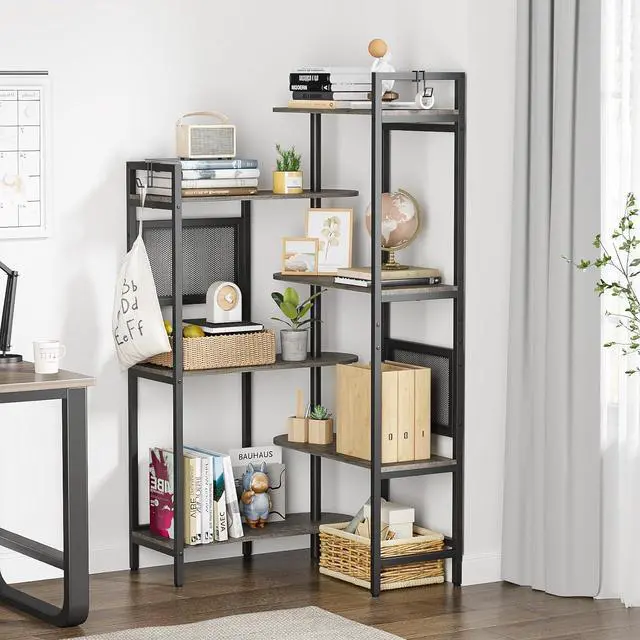 Main image of 6-Tier Industrial Bookshelf Wood Bookcase with Metal Frame, Tall Office Book Shelves Wooden Etagere Book Shelf, Open Storage Shelving Unit for Living Room/Study Room/Bedroom(Black Oak)