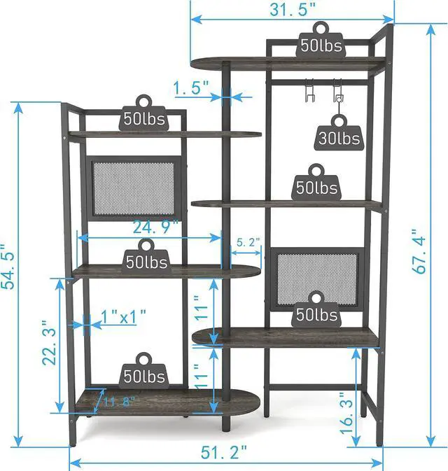 Alt view image 2 of 7 - 6-Tier Industrial Bookshelf Wood Bookcase with Metal Frame, Tall Office Book Shelves Wooden Etagere Book Shelf, Open Storage Shelving Unit for Living Room/Study Room/Bedroom(Black Oak)