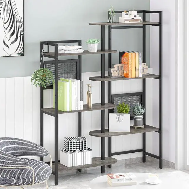 Alt view image 3 of 7 - 6-Tier Industrial Bookshelf Wood Bookcase with Metal Frame, Tall Office Book Shelves Wooden Etagere Book Shelf, Open Storage Shelving Unit for Living Room/Study Room/Bedroom(Black Oak)