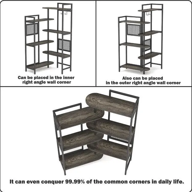 Alt view image 5 of 7 - 6-Tier Industrial Bookshelf Wood Bookcase with Metal Frame, Tall Office Book Shelves Wooden Etagere Book Shelf, Open Storage Shelving Unit for Living Room/Study Room/Bedroom(Black Oak)