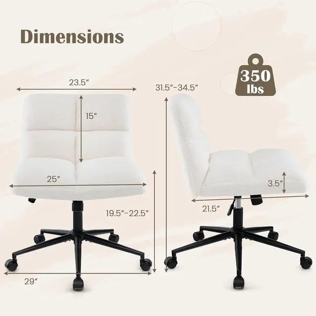 Alt view image 2 of 7 - Criss Cross Chair with Wheels, Faux Fur Cross Legged Office Chair, Armless Wide Desk Chair, Height Adjustable Fabric Swivel Task Chair, Modern Boucle Vanity Chair for Bedroom, Study, Beige