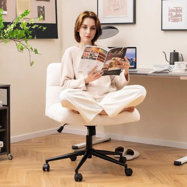 Alt view image 3 of 7 - Criss Cross Chair with Wheels, Faux Fur Cross Legged Office Chair, Armless Wide Desk Chair, Height Adjustable Fabric Swivel Task Chair, Modern Boucle Vanity Chair for Bedroom, Study, Beige