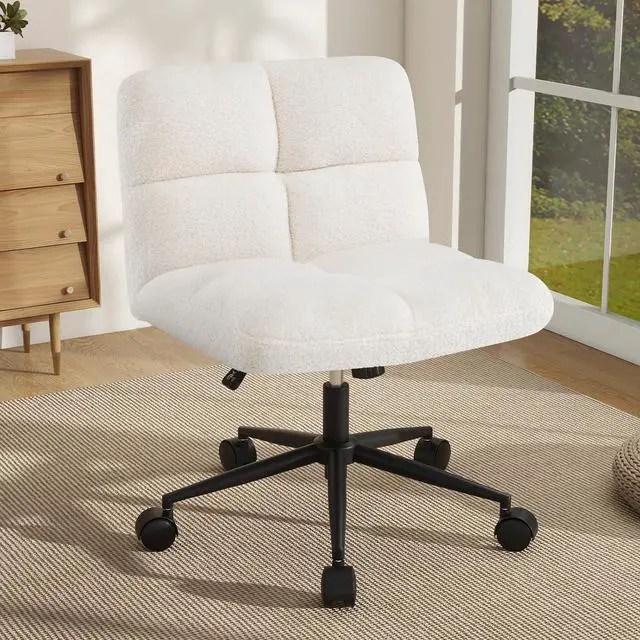 Main image of Criss Cross Chair with Wheels, Faux Fur Cross Legged Office Chair, Armless Wide Desk Chair, Height Adjustable Fabric Swivel Task Chair, Modern Boucle Vanity Chair for Bedroom, Study, Beige