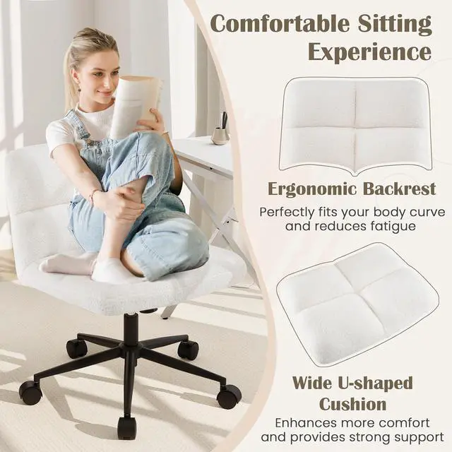 Alt view image 6 of 7 - Criss Cross Chair with Wheels, Faux Fur Cross Legged Office Chair, Armless Wide Desk Chair, Height Adjustable Fabric Swivel Task Chair, Modern Boucle Vanity Chair for Bedroom, Study, Beige