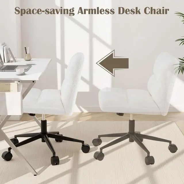 Alt view image 7 of 7 - Criss Cross Chair with Wheels, Faux Fur Cross Legged Office Chair, Armless Wide Desk Chair, Height Adjustable Fabric Swivel Task Chair, Modern Boucle Vanity Chair for Bedroom, Study, Beige