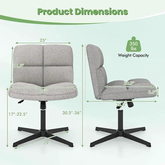 Alt view image 2 of 7 - Criss Cross Chair, Armless Cross Legged Office Chair, Faux Fur Adjustable Swivel Ergonomic Desk Seat No Wheels, Modern Wide Makeup Task Vanity Chair for Home, Light Gray