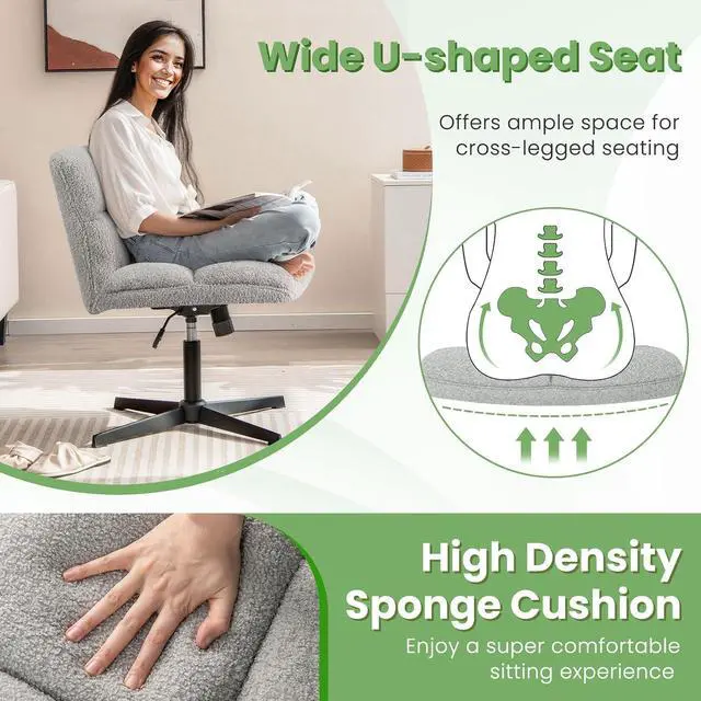 Alt view image 4 of 7 - Criss Cross Chair, Armless Cross Legged Office Chair, Faux Fur Adjustable Swivel Ergonomic Desk Seat No Wheels, Modern Wide Makeup Task Vanity Chair for Home, Light Gray