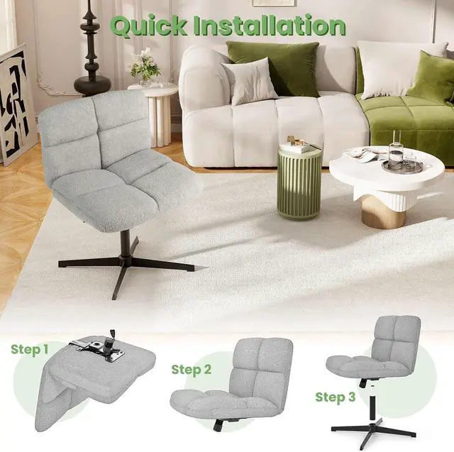 Alt view image 5 of 7 - Criss Cross Chair, Armless Cross Legged Office Chair, Faux Fur Adjustable Swivel Ergonomic Desk Seat No Wheels, Modern Wide Makeup Task Vanity Chair for Home, Light Gray
