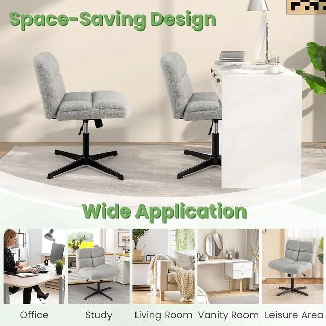 Alt view image 6 of 7 - Criss Cross Chair, Armless Cross Legged Office Chair, Faux Fur Adjustable Swivel Ergonomic Desk Seat No Wheels, Modern Wide Makeup Task Vanity Chair for Home, Light Gray